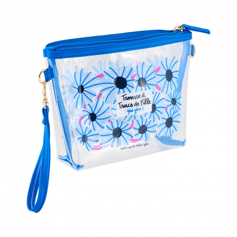 Trousse trasparente e impermeabile con chiusura zip, decorata con fiori azzurri